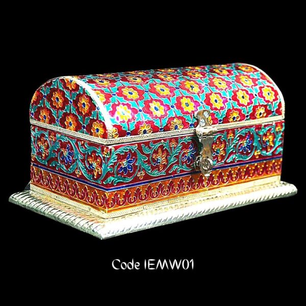 Handcrafted multicolored floral and vine Meenakari Jewelry Box with rectangular base and curved closing lid