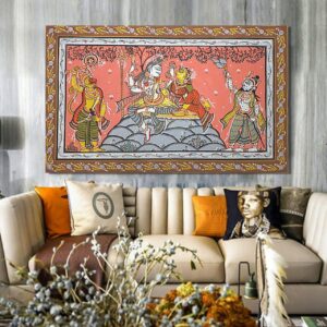 hand painted Pattachitra painting depicting lord Shiva and Parvati