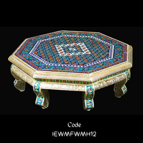 Handcrafted White Metal octagonal Chowki in blue decorated with Meenakari