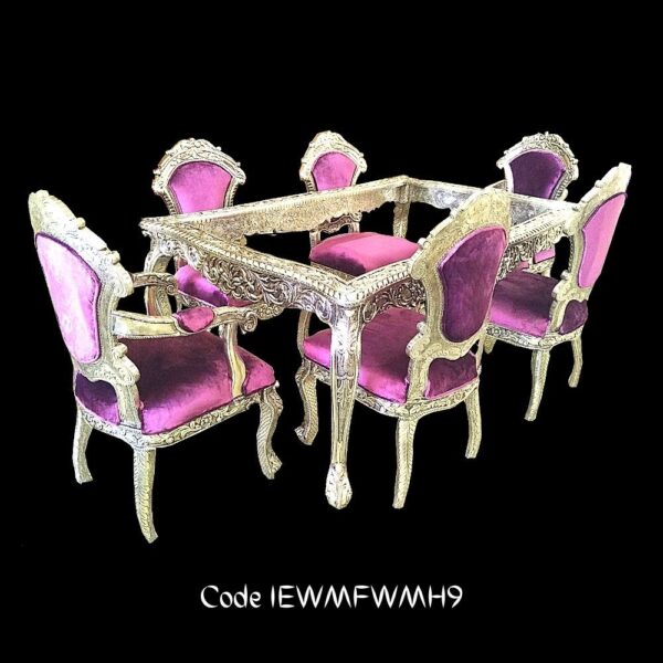 ILIZIENCRAFT’S SILVER FURNITURE SIX SEATER DINING TABLE AND CHAIR SET WITH LILAC VELVET UPHOLSTERY WITH ARMRESTS